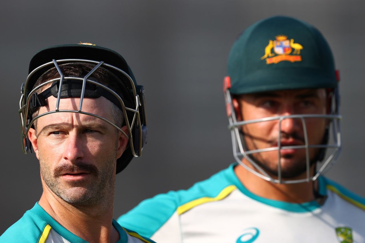 Matthew Wade and Marcus Stoinis during the nets session ahead of the T20 World Cup final, Dubai, November 13, 2021