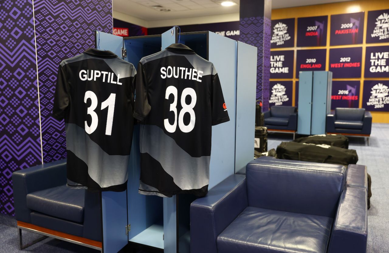 Martin Guptill and Tim Southee's shirts are hung in the New Zealand dressing room, Australia vs New Zealand, T20 World Cup final, Dubai, November 14, 2021