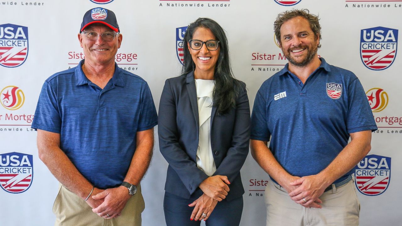 USA Cricket Committee member Jeff Crowe with ICC Americas Regional Development Manager Fara Gorsi and USA Cricket CEO Iain Higgins, August 13, 2021