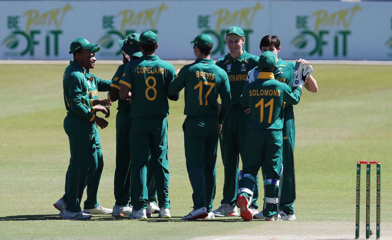 The South Africa Under-19 players celebrate after dismissing Wesley Marshall, North West vs South Africa Under-19s, CSA Provincial T20 Cup 2021, Pool C, Bloemfontein, October 9, 2021