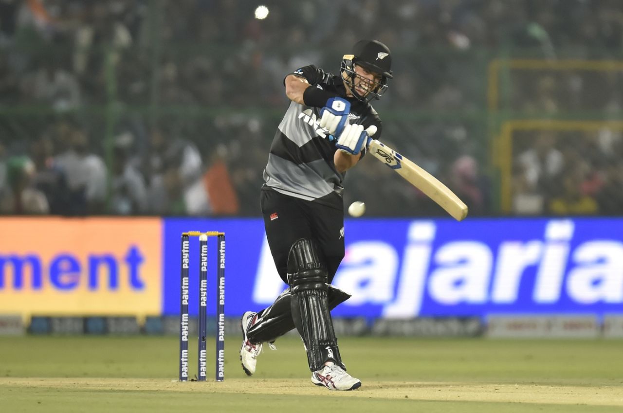 Mark Chapman swipes at the ball, 1st T20I, India vs New Zealand, Jaipur, November 17, 2021