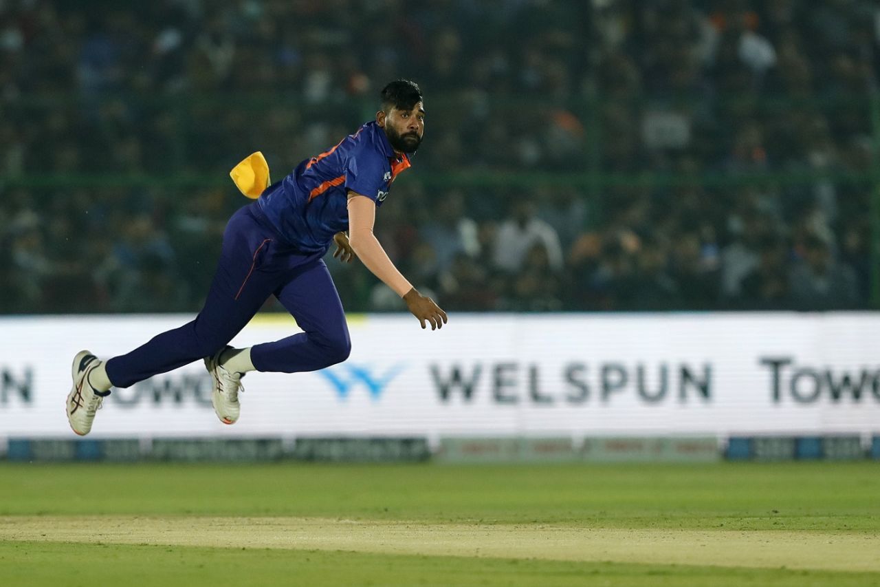Mohammed Siraj in his follow through, 1st T20I, India vs New Zealand, Jaipur, November 17, 2021