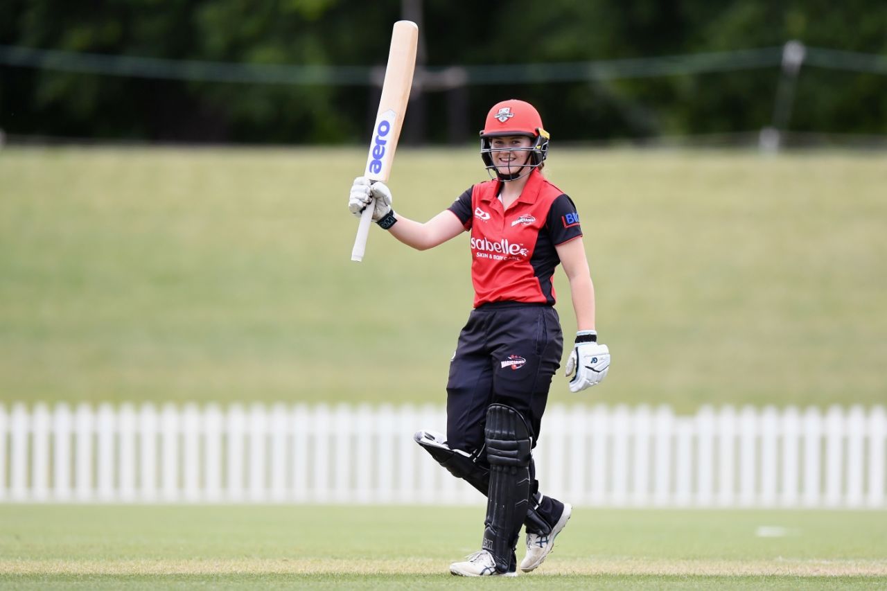 Canterbury's Abigale Gerken is all smiles after getting to a hundred, Canterbury vs Otago, New Zealand Cricket Women's One-Day Competition, Christchurch, November 21, 2021