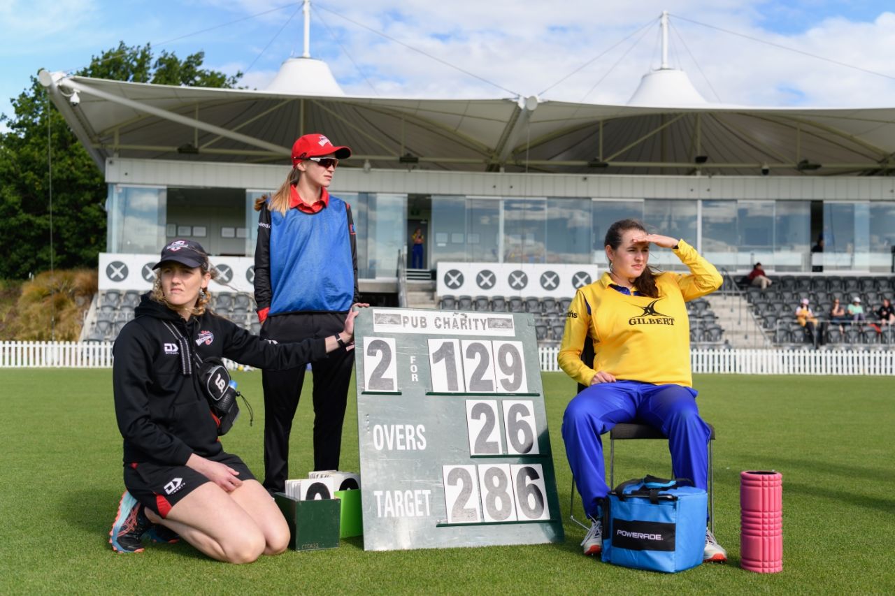 A manual scoreboard comes out at Hagley Oval, Canterbury vs Otago, New Zealand Cricket Women's One-Day Competition, Christchurch, November 21, 2021