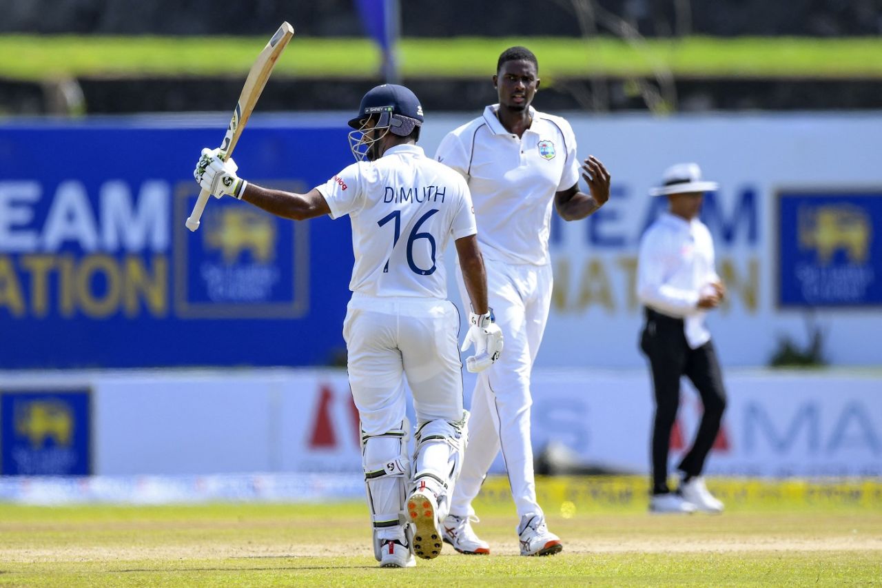 Dimuth Karunaratne raises his half-century, Sri Lanka vs West Indies, 1st Day, 1st Test, Galle, November 21, 2021