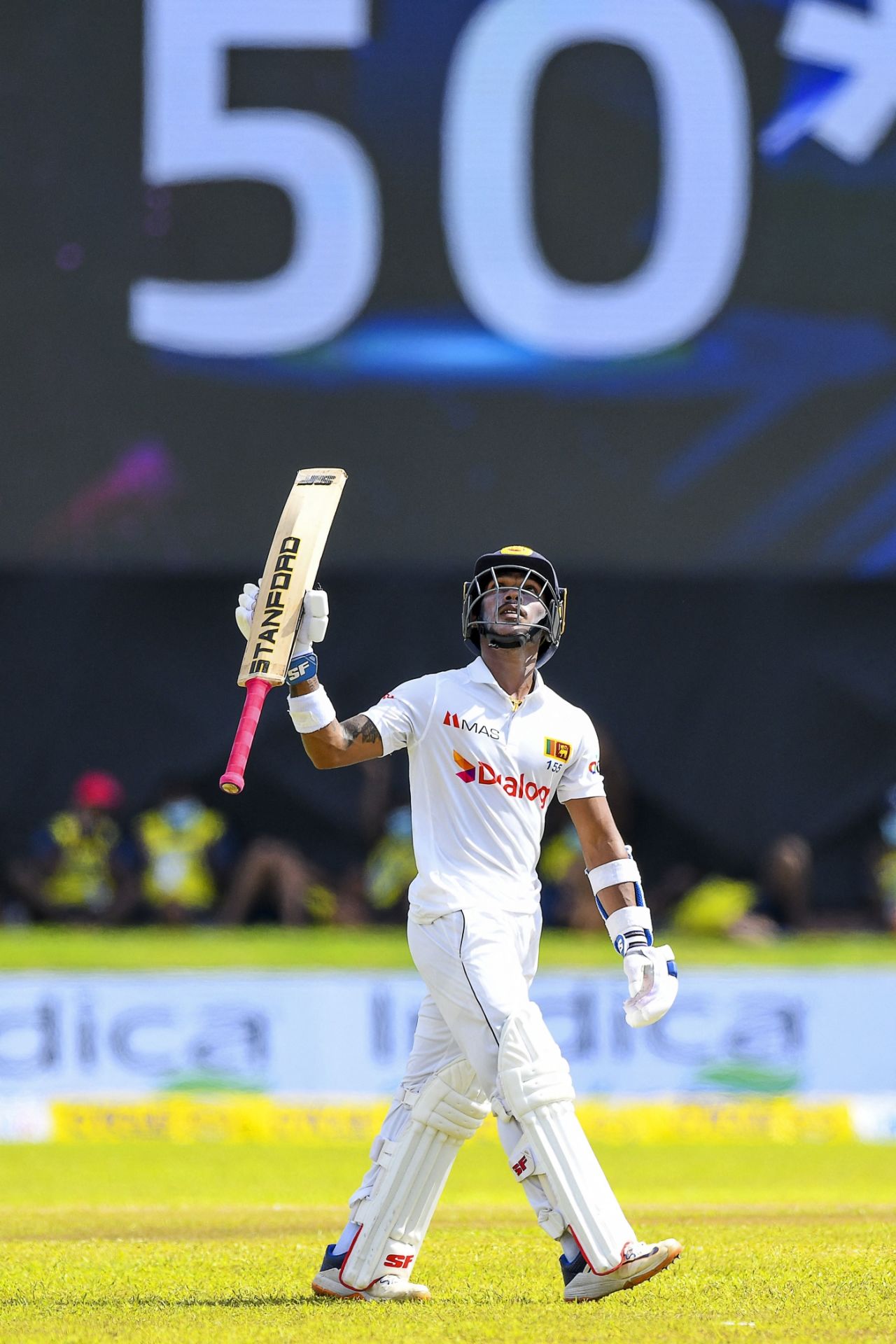 Pathum Nissanka raises his bat on getting to a fifty, Sri Lanka vs West Indies, 1st Test, Galle, 1st day, November 21, 2021