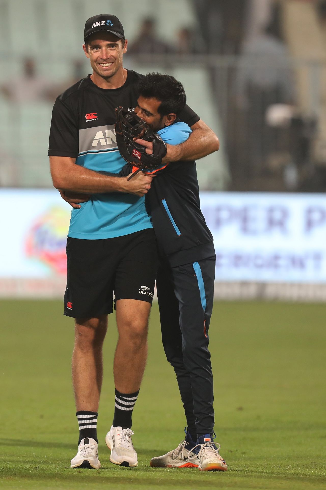 Yuzvendra Chahal hugs Tim Southee before the start of the match, India vs New Zealand, 3rd T20I, Kolkata, November 21, 2021