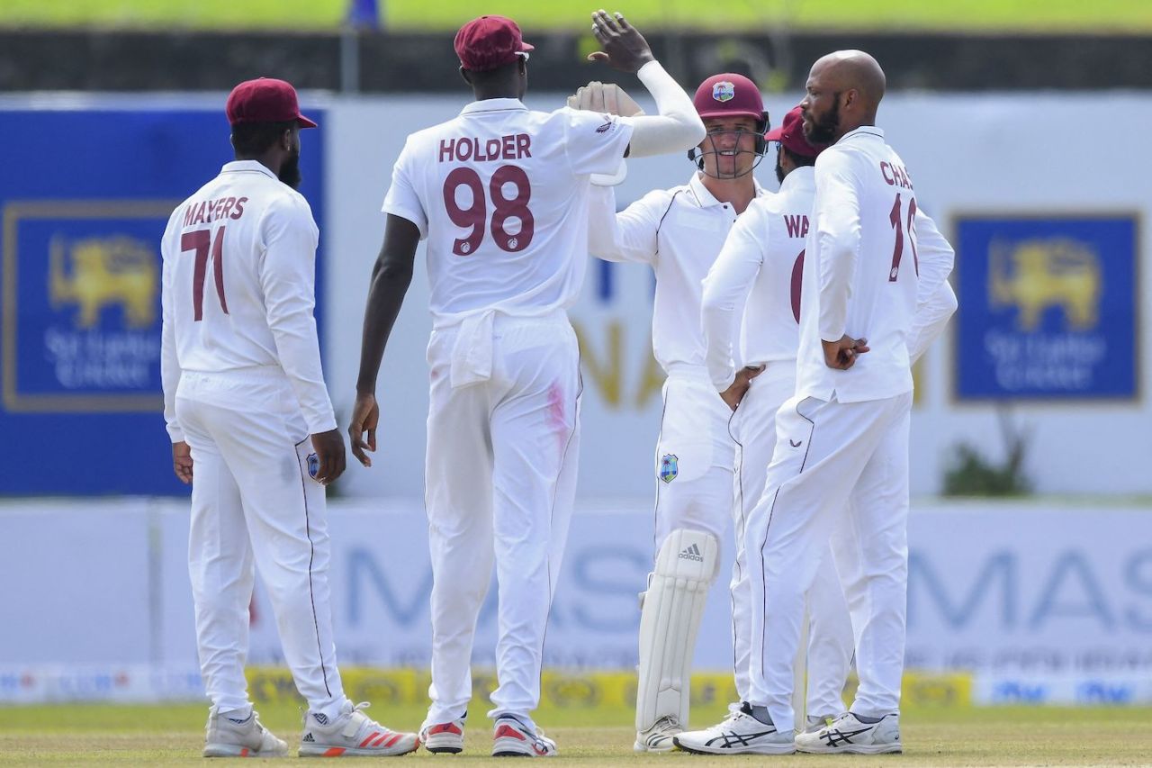 Jason Holder and Roston Chase celebrate with the team, Sri Lanka vs West Indies, 1st Test, Galle, 2nd day, November 22, 2021
