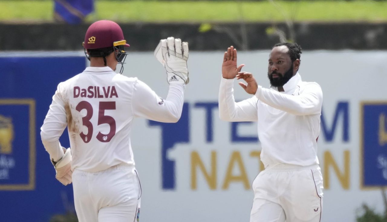Jomel Warrican celebrates with Joshua Da Silva after striking just before lunch, Sri Lanka vs West Indies, 1st Test, Galle, 2nd day, November 22, 2021