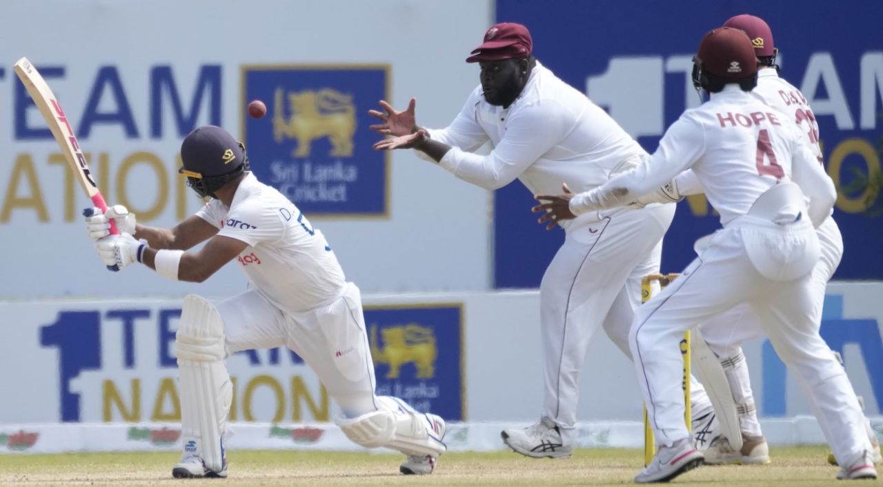 Rahkeem Cornwall is about to take a catch off Dinesh Chandimal's reverse sweep, Sri Lanka vs West Indies, 1st Test, Galle, 2nd day, November 22, 2021