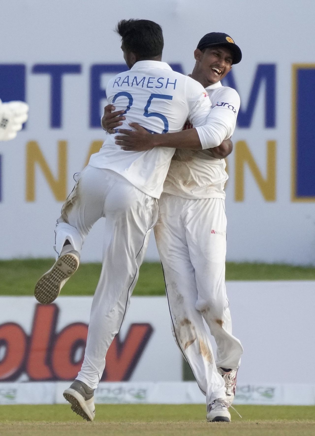 Ramesh Mendis is embraced by Praveen Jayawickrama after a wicket, Sri Lanka vs West Indies, 1st Test, Galle, 2nd day, November 22, 2021