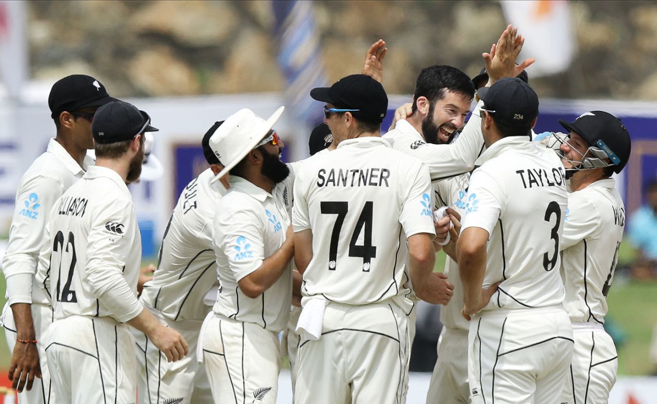 Kane Williamson, Ajaz Patel, Mitchell Santner, Will Somerville, Ross Taylor and BJ Watling celebrate a wicket, Sri Lanka v New Zealand, 1st Test, Galle, 5th day, August 18, 2019