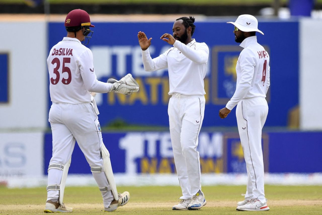 Joshua Da Silva, Jomel Warrican and Shai Hope get together to celebrate, Sri Lanka vs West Indies, 1st Test, Galle, 4th day, November 24, 2021