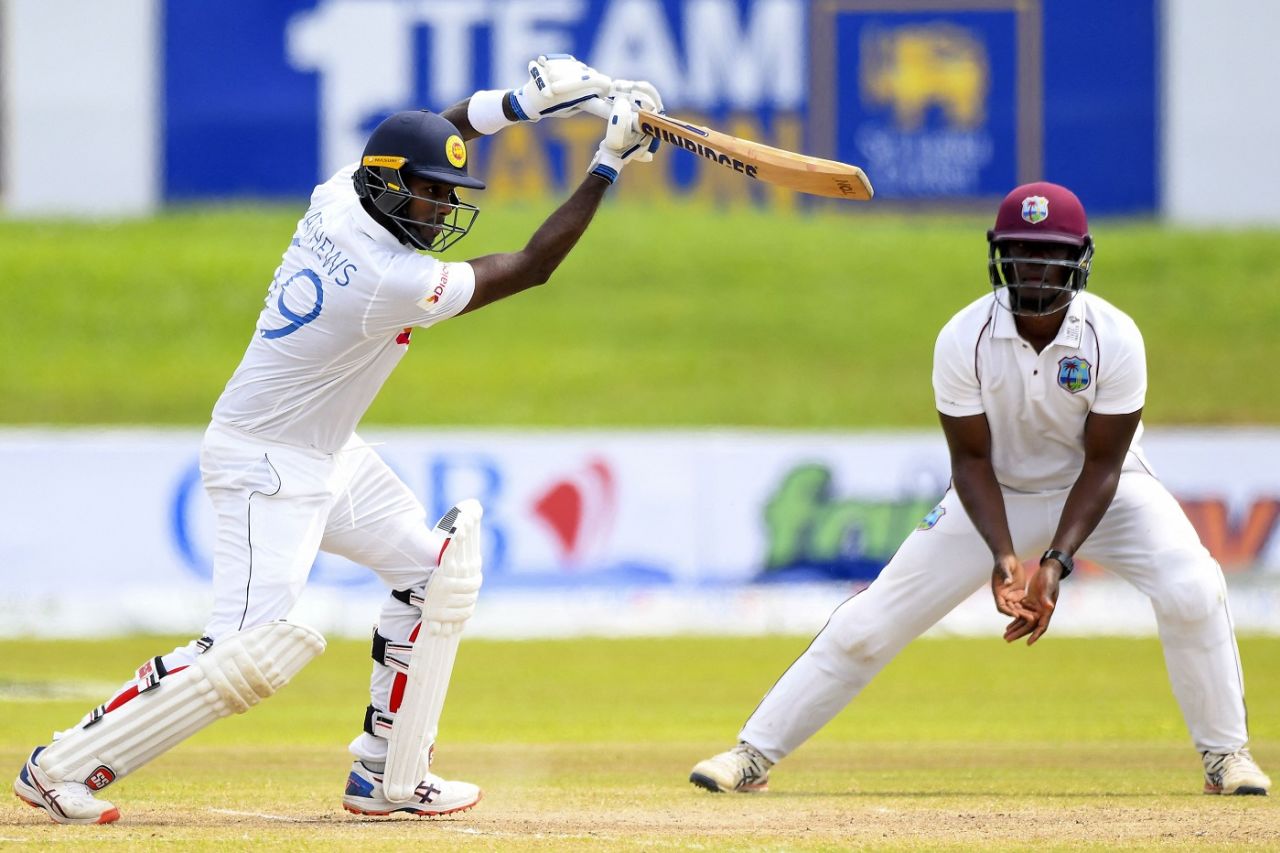 Angelo Mathews leans into a drive, Sri Lanka vs West Indies, 1st Test, Galle, 4th day, November 24, 2021