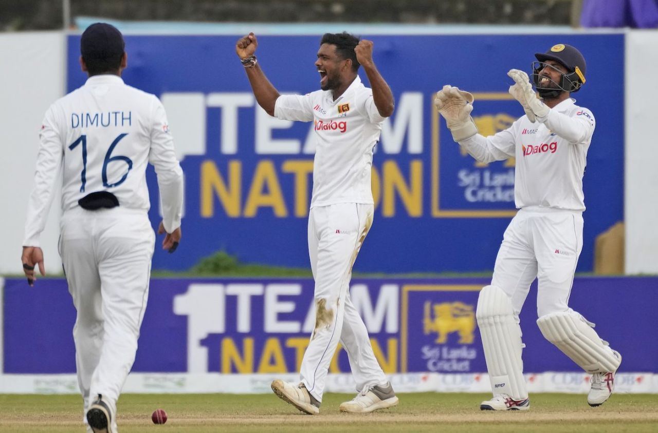 Ramesh Mendis is thrilled after bagging Kraigg Brathwaite for a duck, Sri Lanka vs West Indies, 1st Test, Galle, 4th day, November 24, 2021