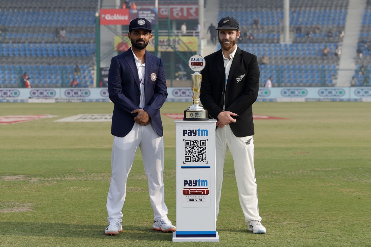 Ajinkya Rahane and Kane Williamson with the trophy, India vs New Zealand, 1st Test, Green Park, Kanpur, 1st day, November 25, 2021