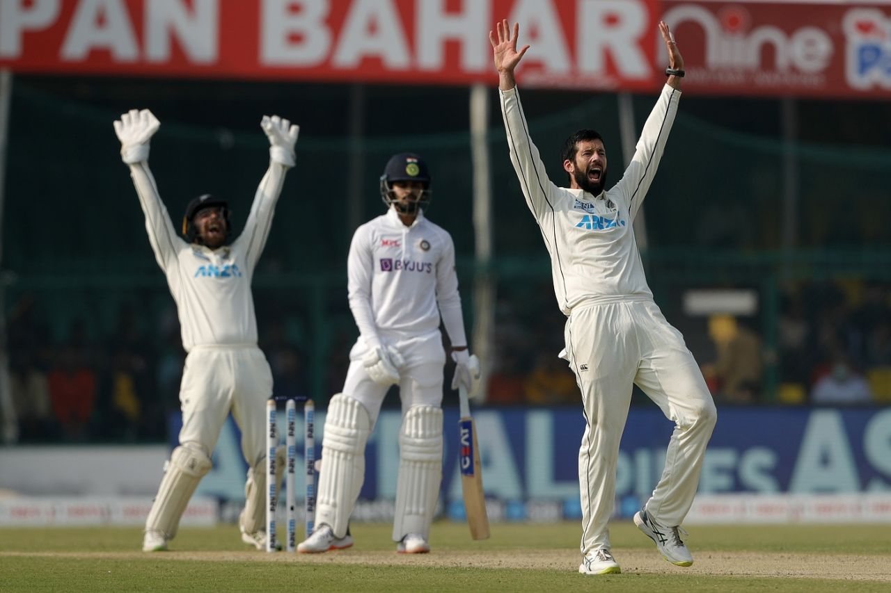 Will Somerville appeals unsuccessfully for a wicket, India vs New Zealand, 1st Test, Green Park, Kanpur, 1st day, November 25, 2021