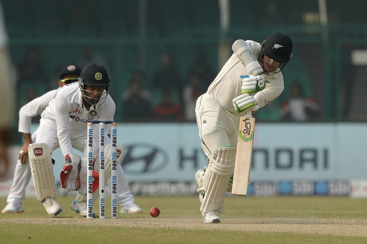Tom Latham walks down to nudge the ball, India vs New Zealand, 1st Test, Kanpur, 2nd day, November 26, 2021