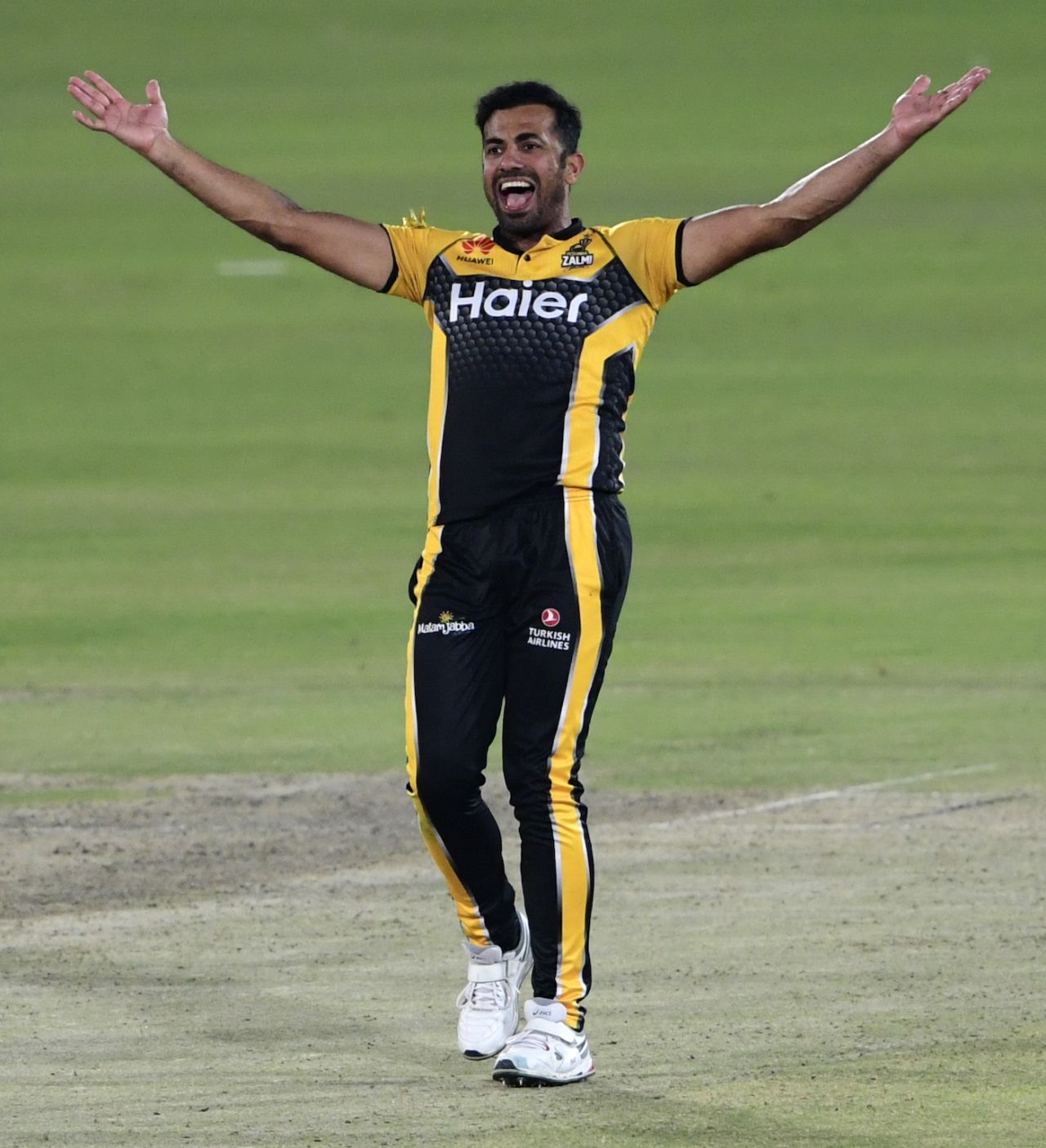 Peshawar Zalmi's Wahab Riaz appeals for a wicket, Karachi, February 27, 2021