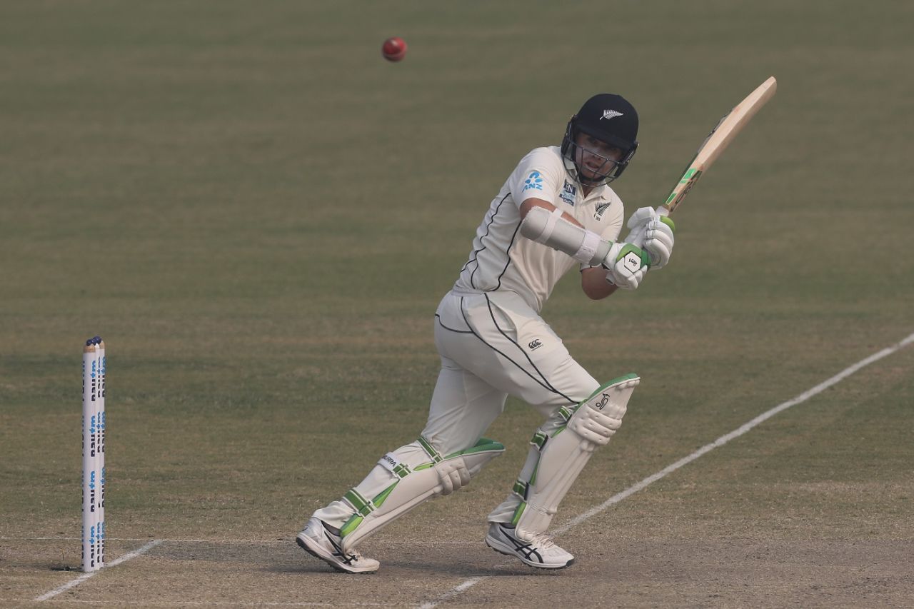 Tom Latham dabs the ball to the leg side, India vs New Zealand, 1st Test, Kanpur, 5th day, November 29, 2021