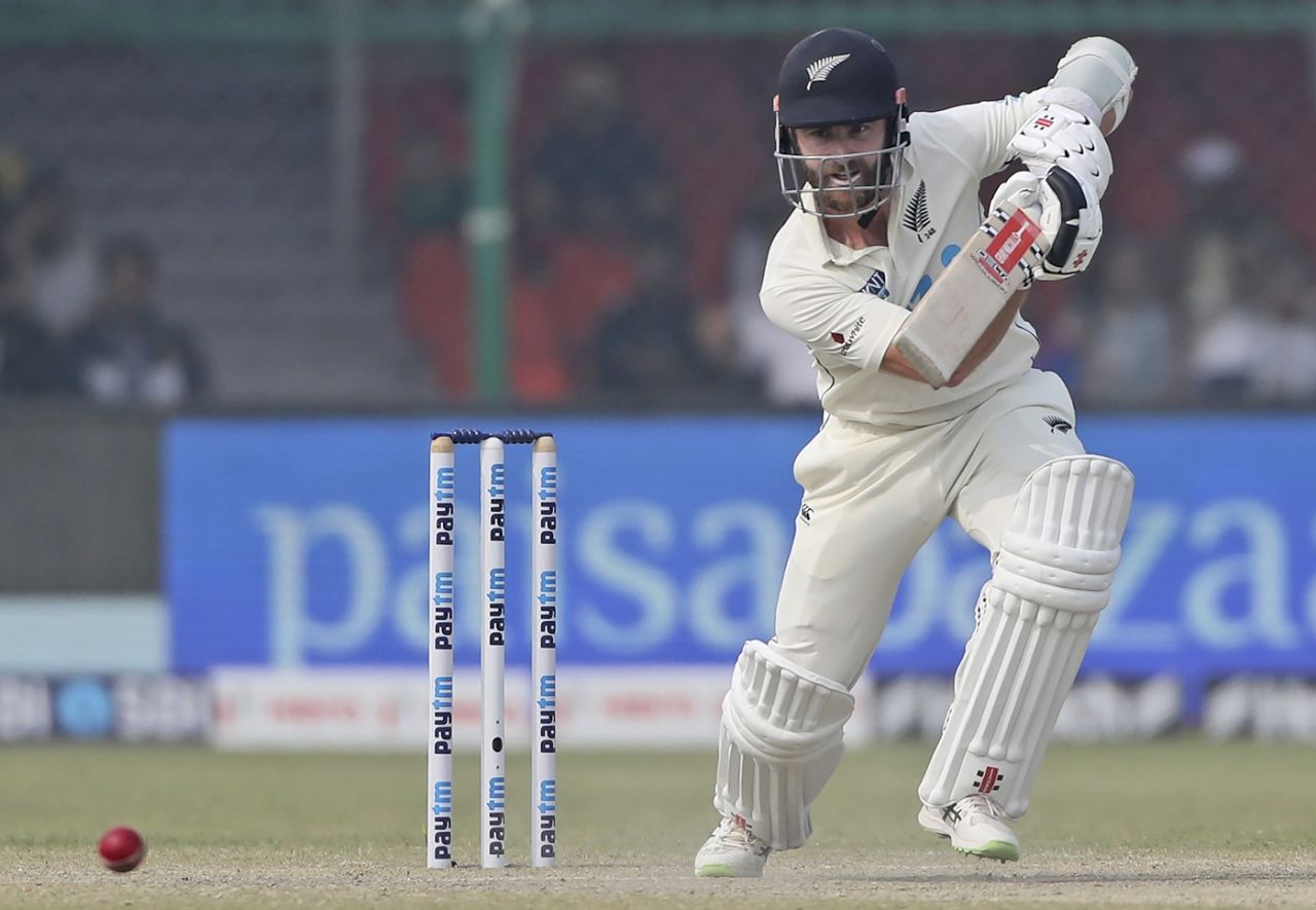 Kane Williamson taps one to the ground, India vs New Zealand, 1st Test, Kanpur, 5th day, November 29, 2021