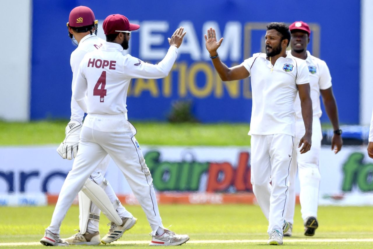 Veerasammy Permaul celebrates a strike with team-mates, Sri Lanka vs West Indies, 2nd Test, Galle, 2nd day, November 30, 2021