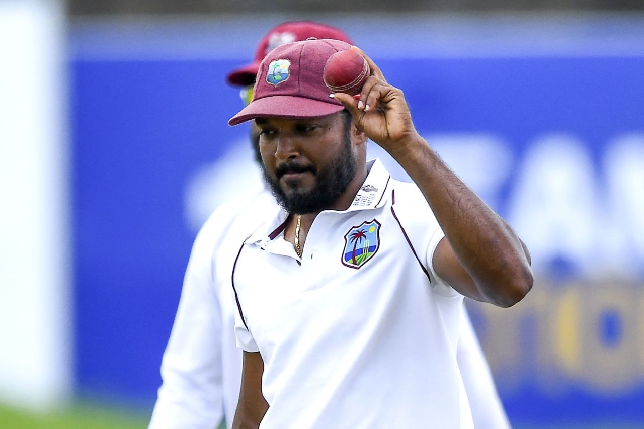 Veerasammy Permaul with the match ball after his five-for, Sri Lanka vs West Indies, 2nd Test, Galle, 2nd day, November 30, 2021