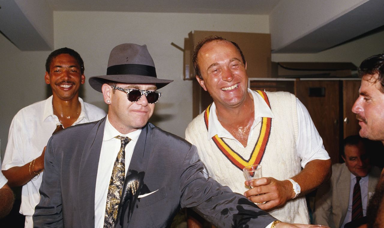 Elton John celebrates with Phil Edmonds and the England team at the MCG, Australia vs England, Melbourne Test, 1986-87 Ashes
