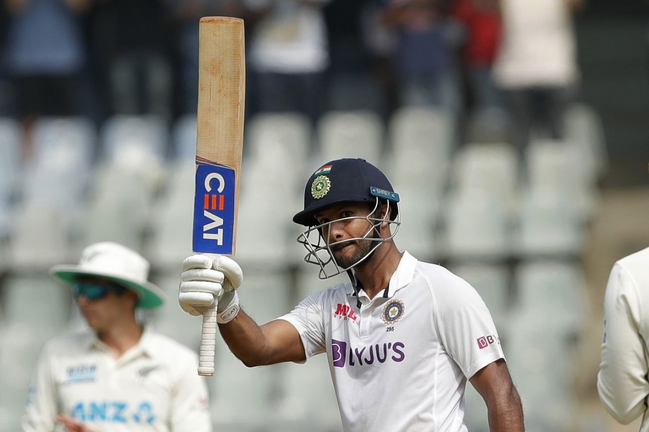 Mayank Agarwal raises his bat after reaching 150, India vs New Zealand, 2nd Test, Wankhede, 2nd day, December 4, 2021