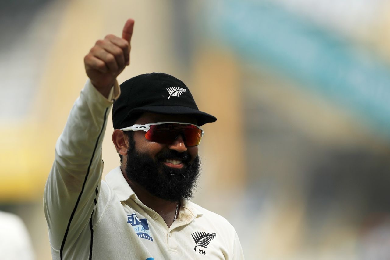Ajaz Patel is all smiles after becoming the third bowler to take all ten wickets in a Test innings, India vs New Zealand, 2nd Test, Wankhede, 2nd day, December 4, 2021
