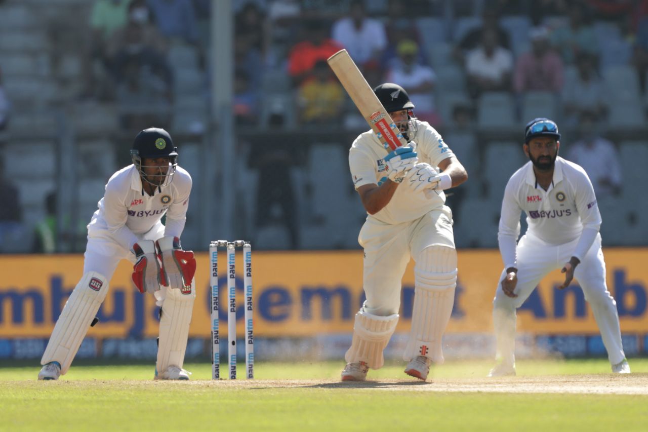 Daryl Mitchell bunts the ball down the ground, India v New Zealand, 3rd Test, Mumbai, 3rd day, December 5, 2021