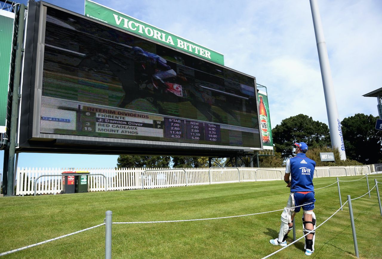 Kevin Pietersen takes a break from nets to watch the Melbourne Cup horserace, England tour of Australia, Blundstone Arena, Hobart, Australia, November 5, 2013