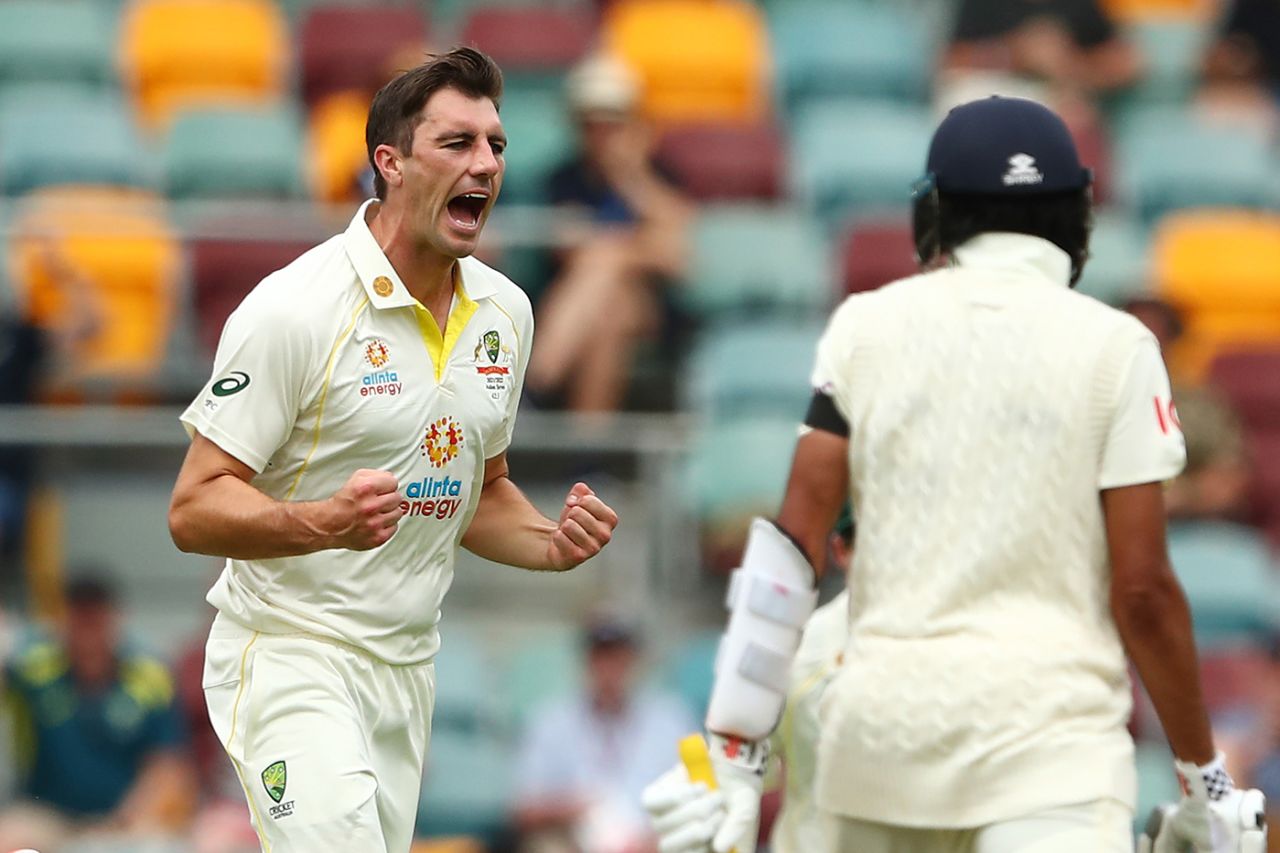 Pat Cummins celebrates the wicket of Haseeb Hameed, Australia vs England, The Ashes, 1st Test, Day 1, The Gabba, Brisbane, December 8, 2021