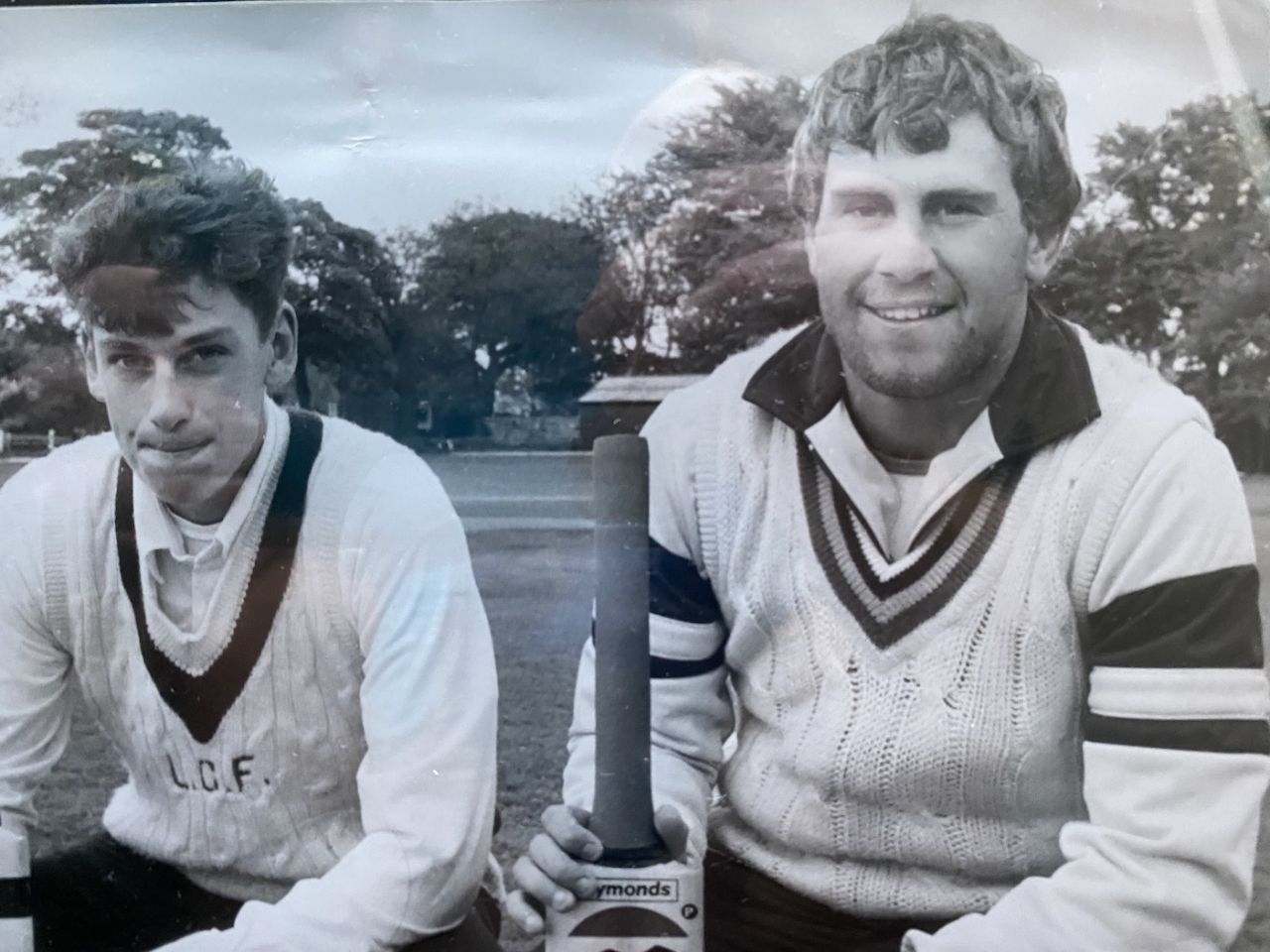 Andy Williams and Mark Taylor at Greenmount Cricket Club, Bury, after their partnership of 248 for the second wicket against Kearsley in May 1988
