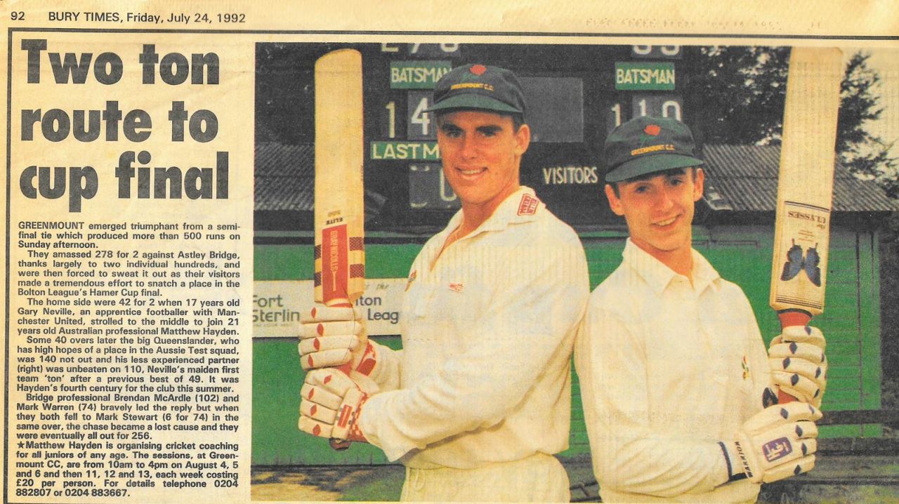 Article in the Bury Times about a big partnership between Matthew Hayden and Gary Neville for Greenmount Cricket Club vs Astley Bridge, Bolton Cricket League, July 24, 1992