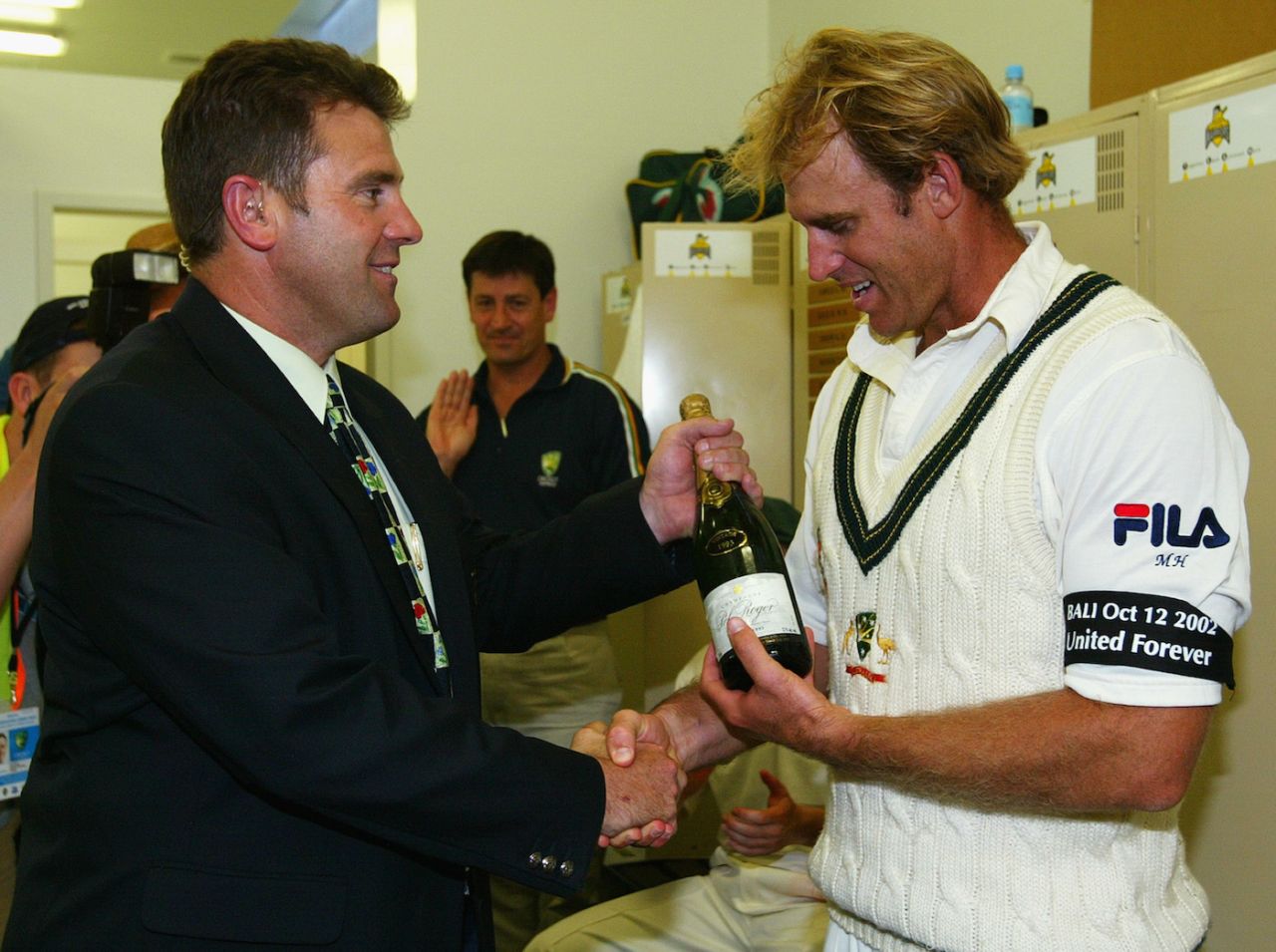 Mark Taylor congratulates Matthew Hayden on making the biggest individual Test score, Australia v Zimbabwe, 1st Test, Perth, October 10, 2003