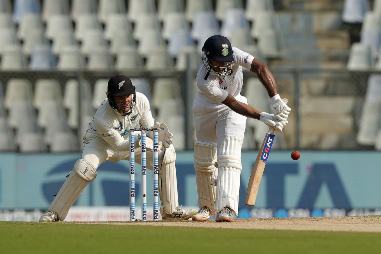 Mayank Agarwal taps the ball to the leg side, India vs New Zealand, 2nd Test, Mumbai, 2nd day, December 4, 2021
