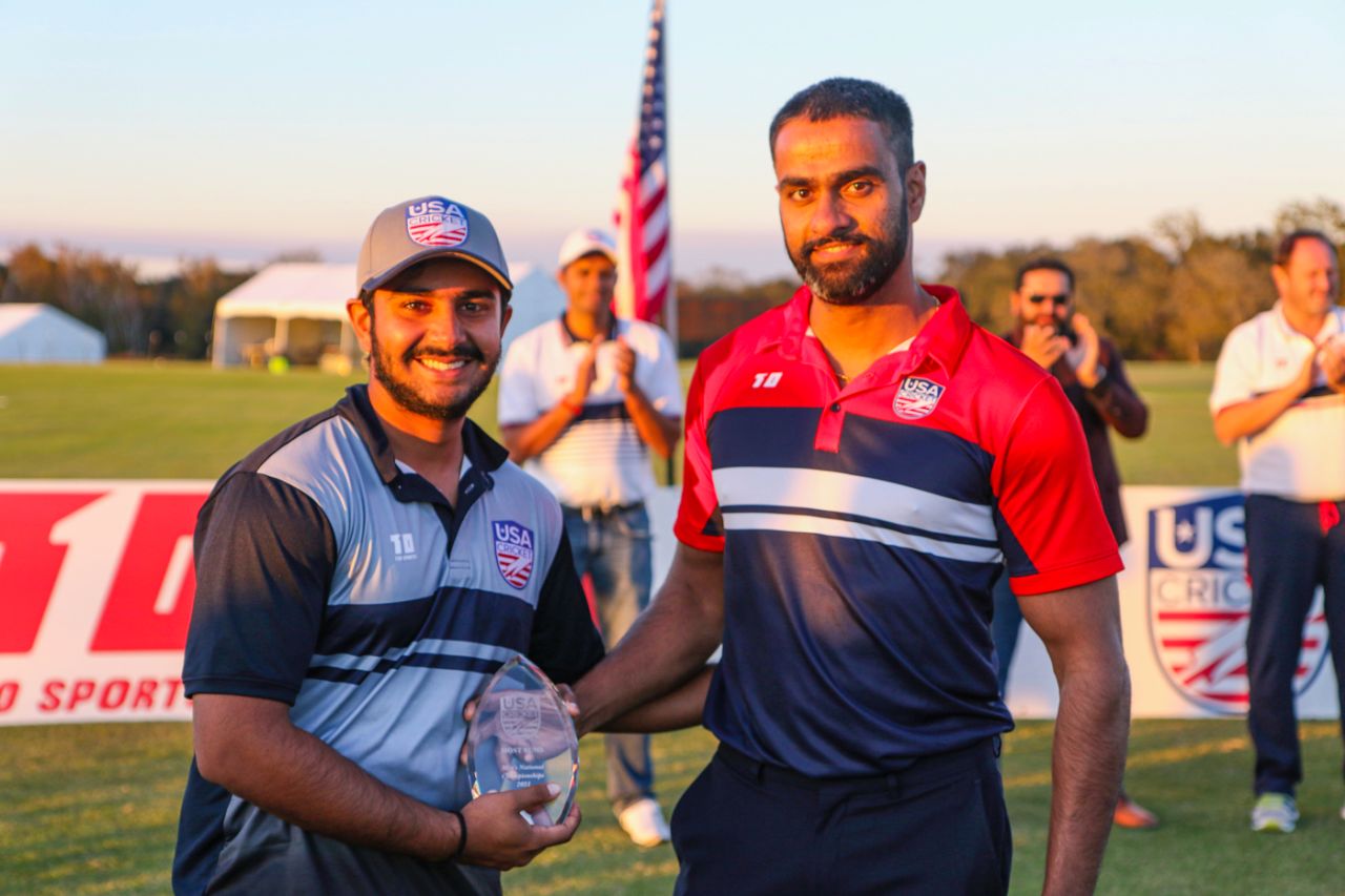 Rahul Jariwala accepts the award for Most Runs from USA Cricket board member Srini Salver, 2021 USA Cricket Men's 50-over National Championships, Prairie View, November 19, 2021
