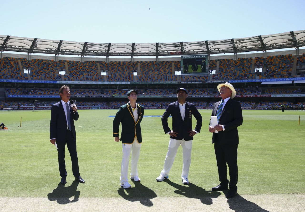 Steven Smith and MS Dhoni at the toss, Australia v India, 2nd Test, Brisbane, 1st day, December 17, 2014