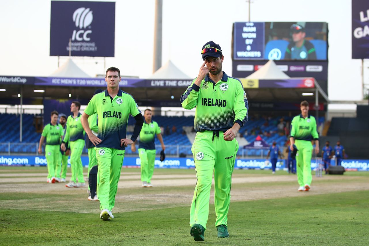 A dejected Andrew Balbirnie walks back after Ireland's loss to Namibia, Ireland vs Namibia, T20 World Cup, Sharjah, October 22, 2021