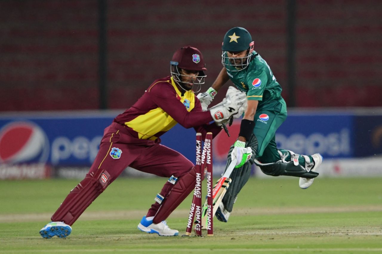 Nicholas Pooran completes the run-out of Babar Azam, Pakistan vs West Indies, 2nd T20I, Karachi, December 14, 2021