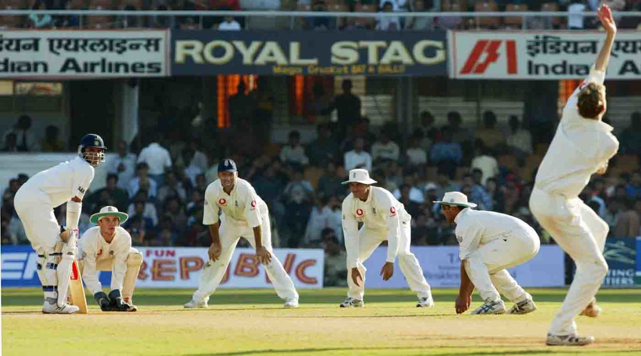 Sourav Ganguly is surrounded by England's fielders as he faces Richard Dawson, India vs England, 2nd Test, Ahmedabad, 5th day, December 15, 2001