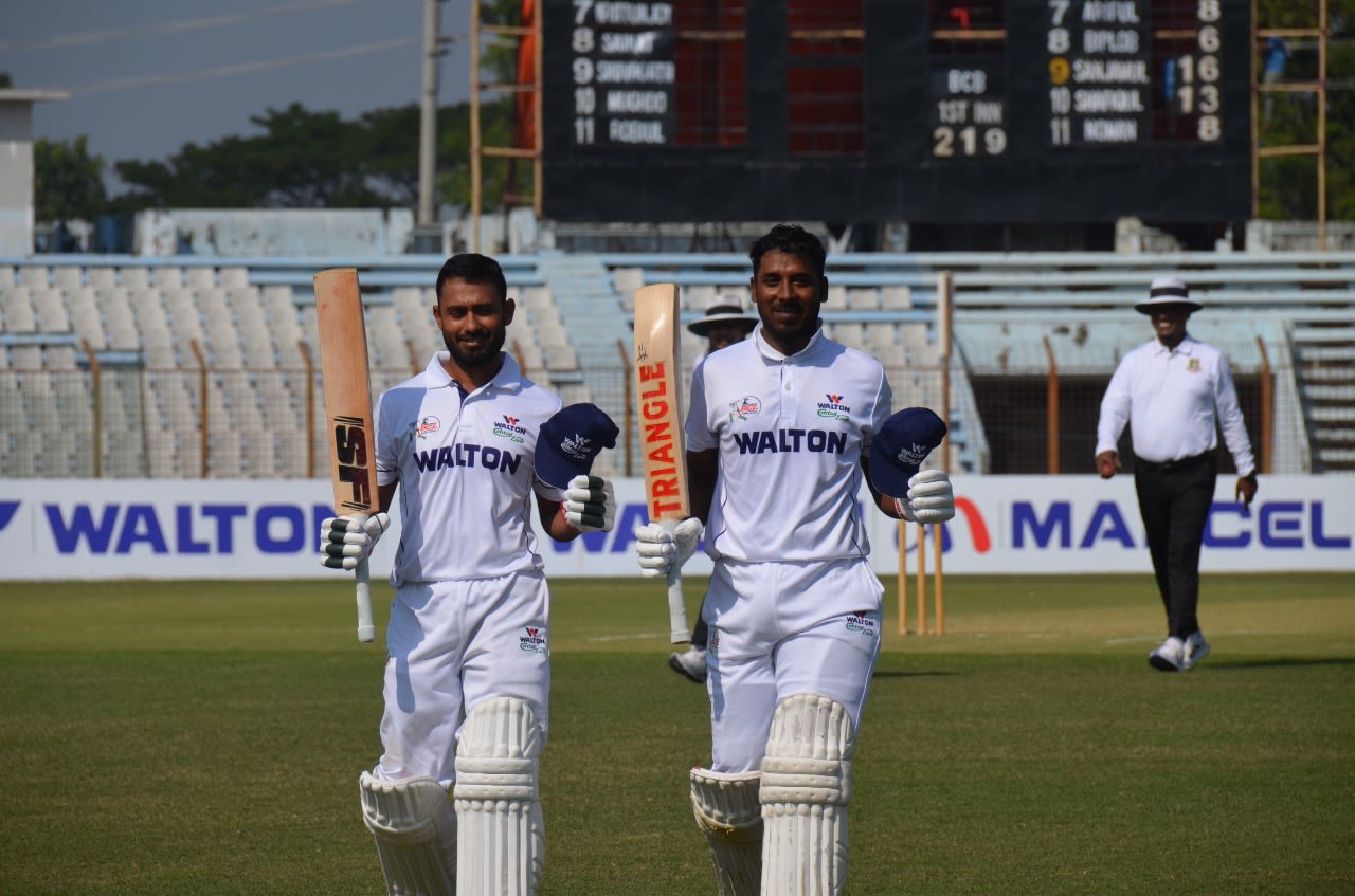 Mohammad Mithun (left) and Mizanur Rahman walk off at an interval during their 327-run opening stand, Central Zone vs North Zone, Bangladesh Cricket League, December 15, 2021