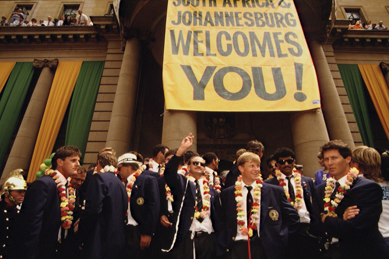 South African players are welcomed warmly on their return to Johannesburg, March 27, 1992