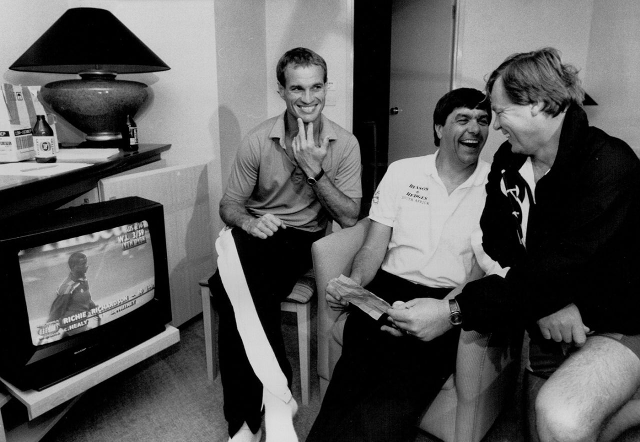 South Africa captain Kepler Wessels, team manager Alan Jordaan and coach Mike Procter react to the referendum voting yes to end apartheid in their country, March 18, 1992