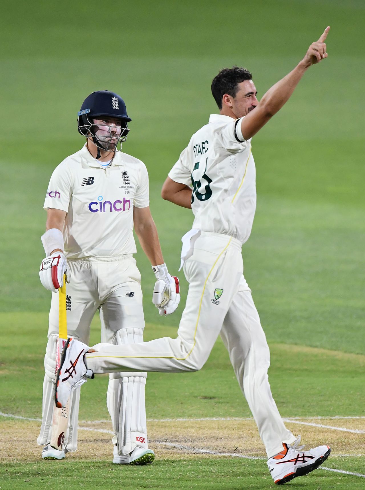 Mitchell Starc celebrates the wicket of Rory Burns, Australia vs England, 2nd Test, The Ashes, Adelaide, 2nd day, December 17, 2021