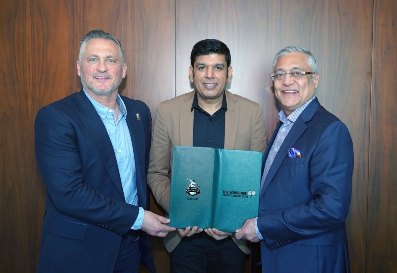 Darren Gough, interim managing director of Yorkshire Cricket, Sameen Rana, COO Lahore Qalandars, and Lord Patel, chair of Yorkshire CCC, meet in Dubai, December 20, 2021