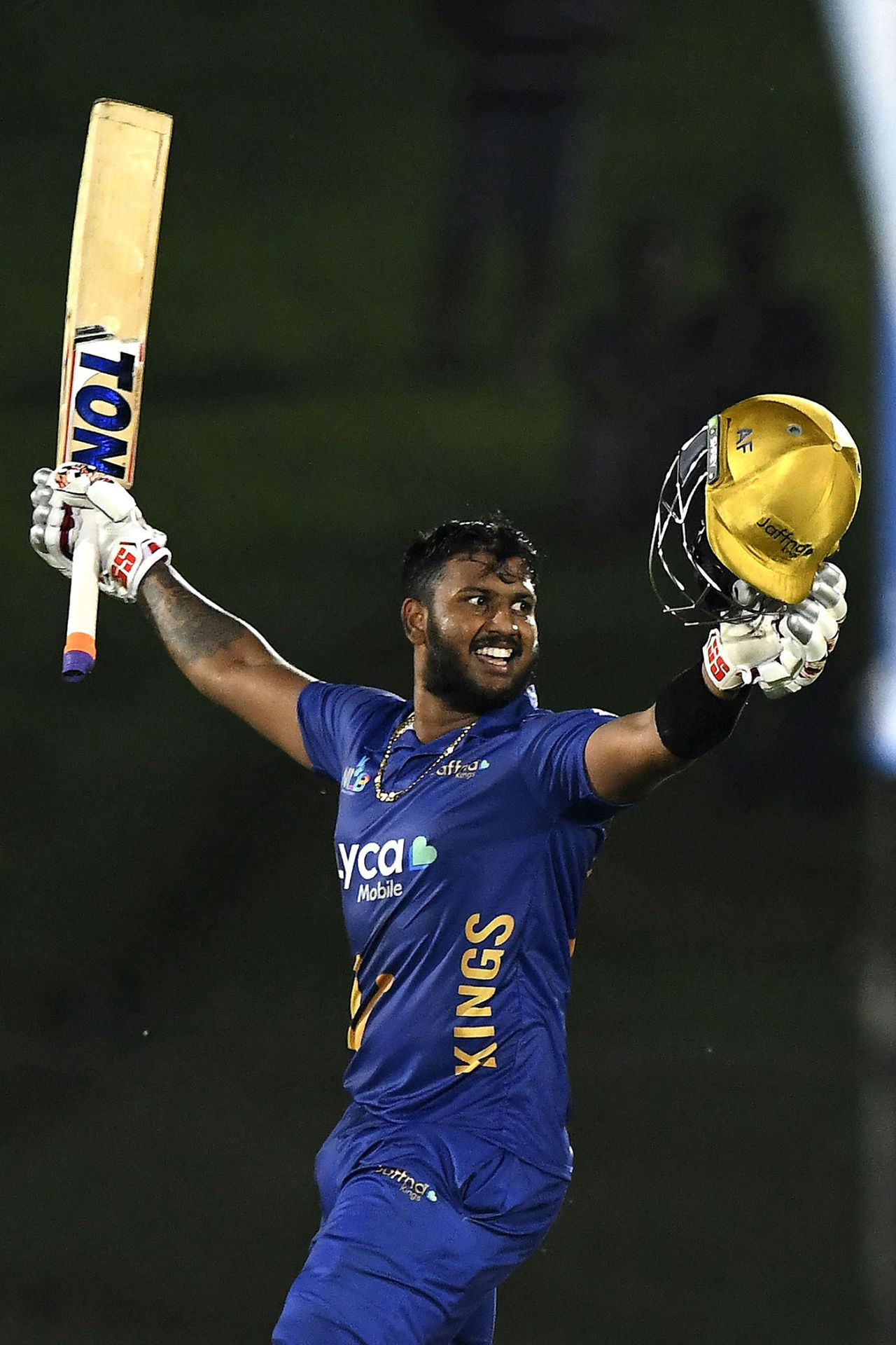 Avishka Fernando celebrates his hundred, Jaffna Kings vs Dambulla Giants, LPL 2021, Hambantota, December 21, 2021