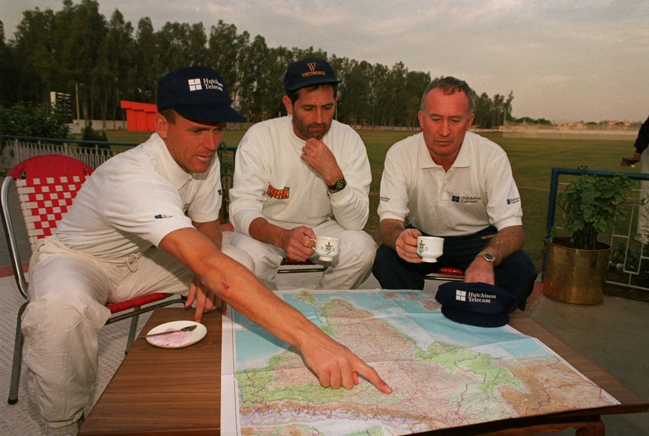 Alec Stewart, Graham Gooch and Keith Fletcher look at a map of India, January 12, 1993