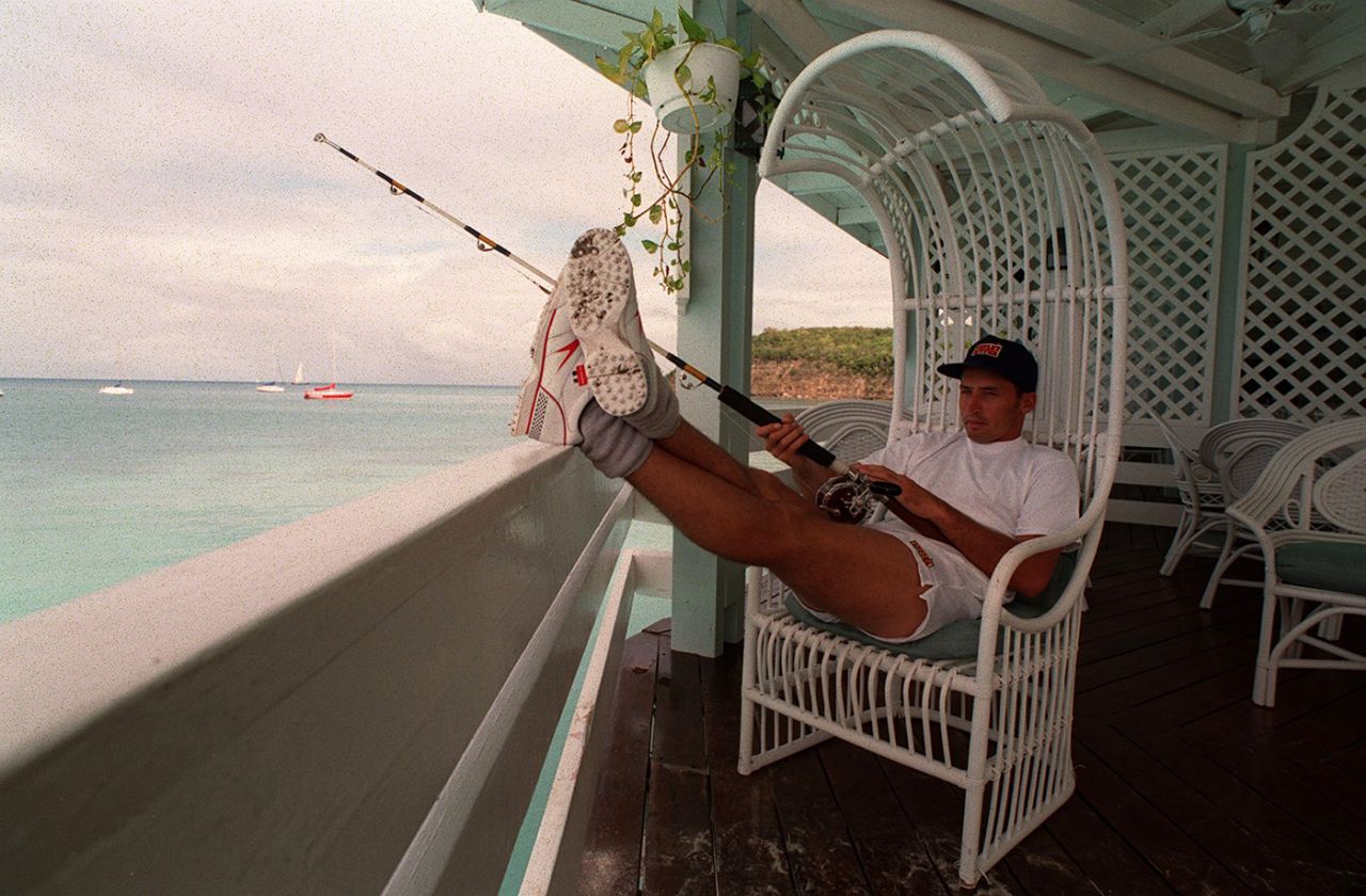 Nasser Hussain does a spot of fishing in Antigua, February 2, 1994